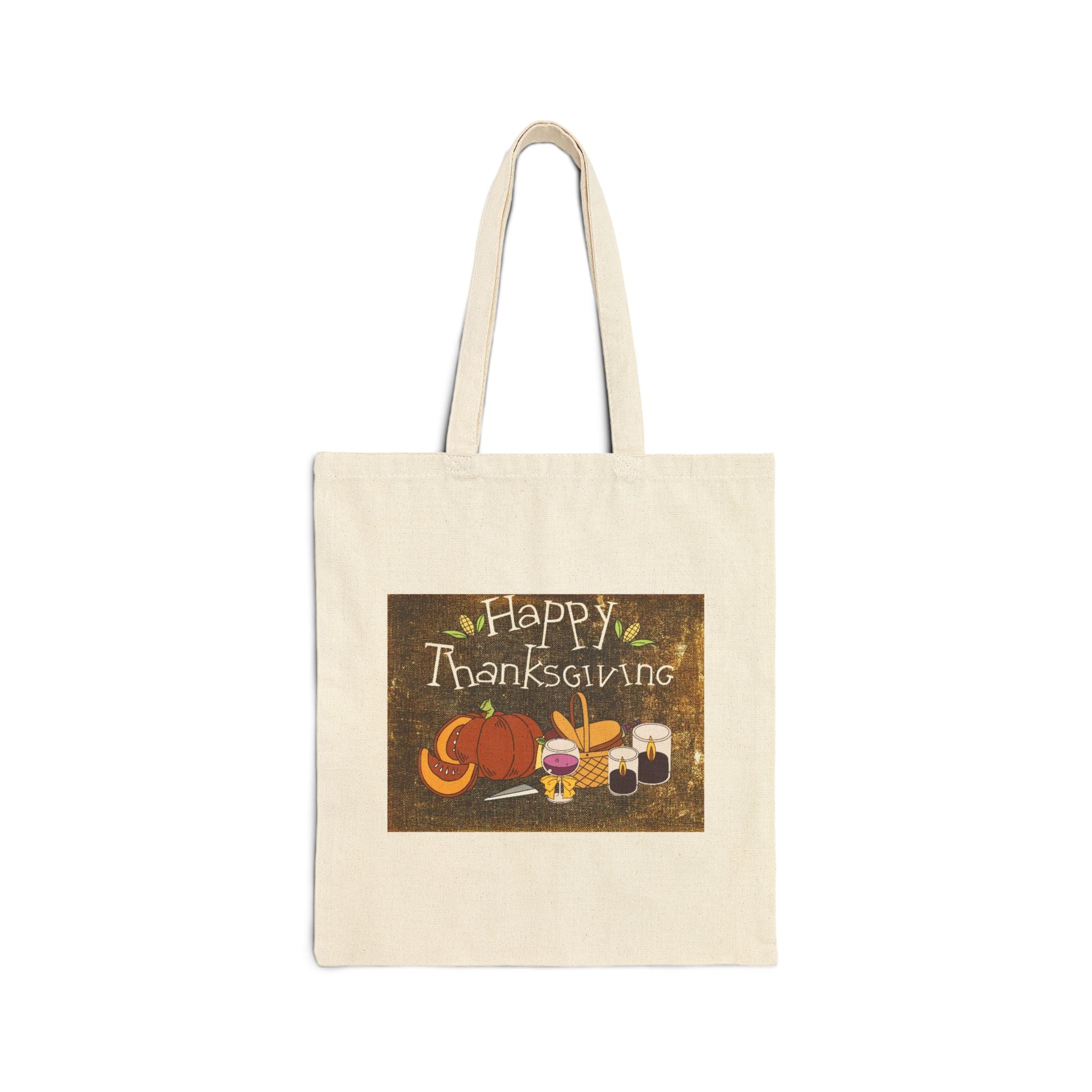 Thanksgiving Harvest Tote Bag - "Happy Thanksgiving" Pumpkin & Pie Cotton Canvas Shopper