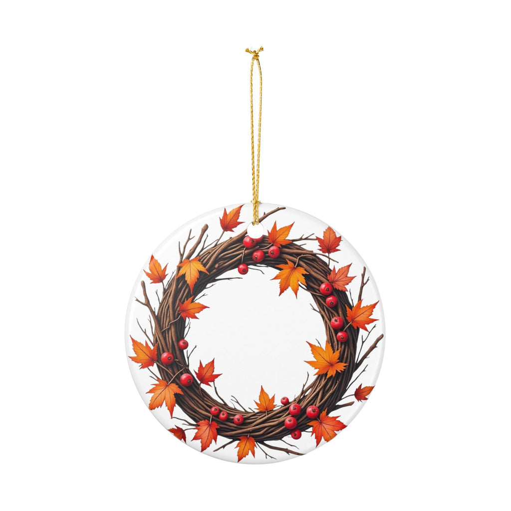 Autumn Maple Wreath Ceramic Ornament — Fall Leaves & Berries Holiday Decoration