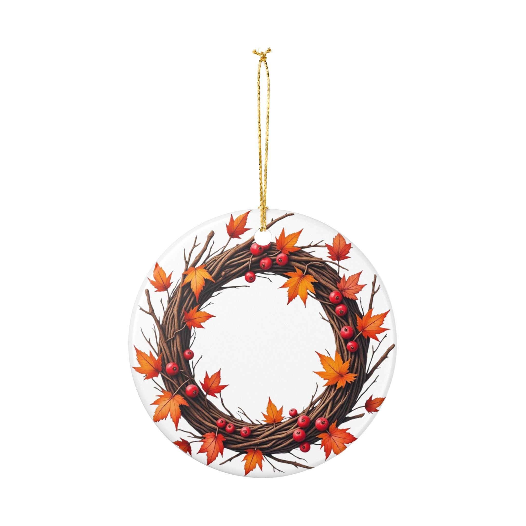 Autumn Maple Wreath Ceramic Ornament — Fall Leaves & Berries Holiday Decoration