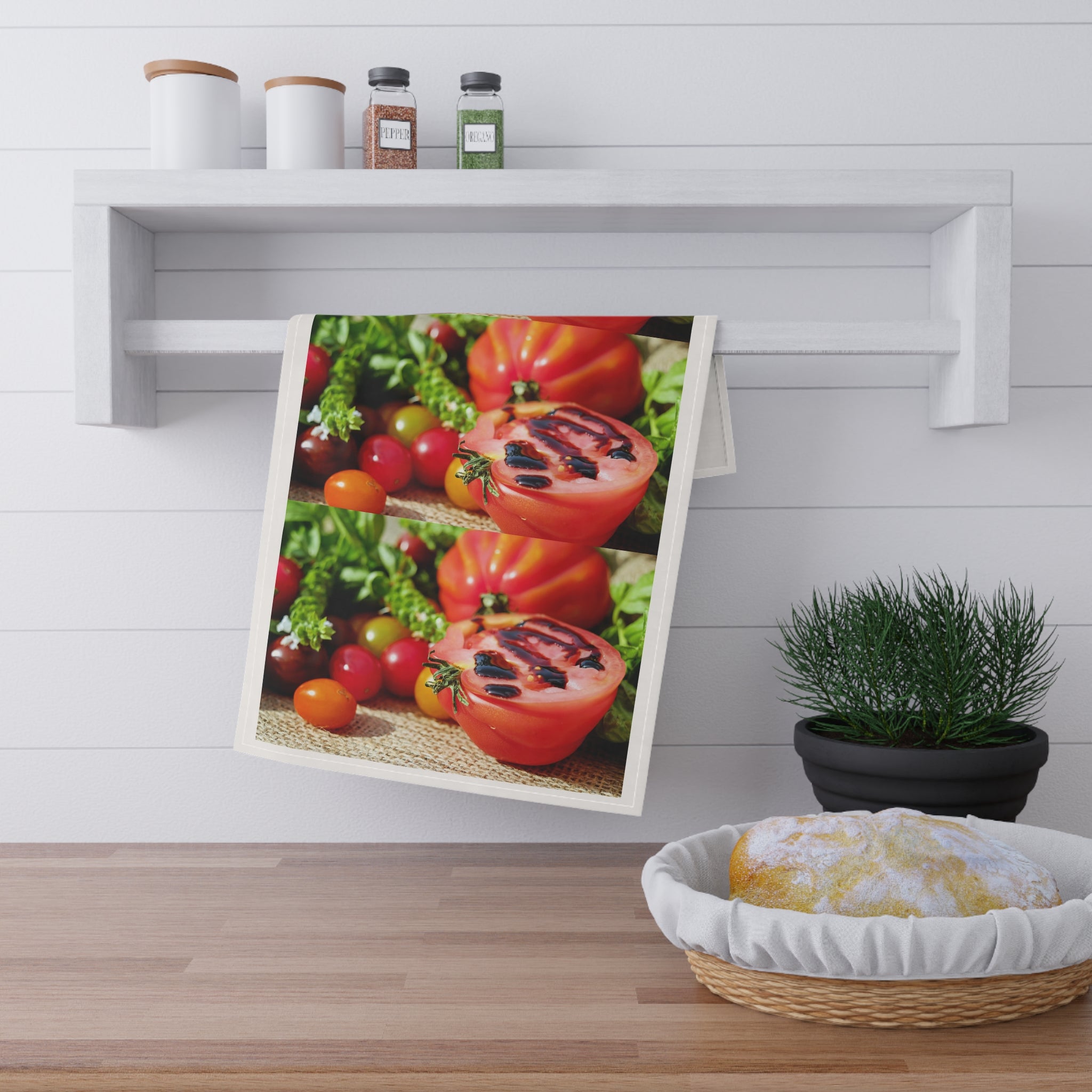 Tomato Garden Tea Towel — Fresh Grilled Tomato & Cherry Veggie Kitchen Towel