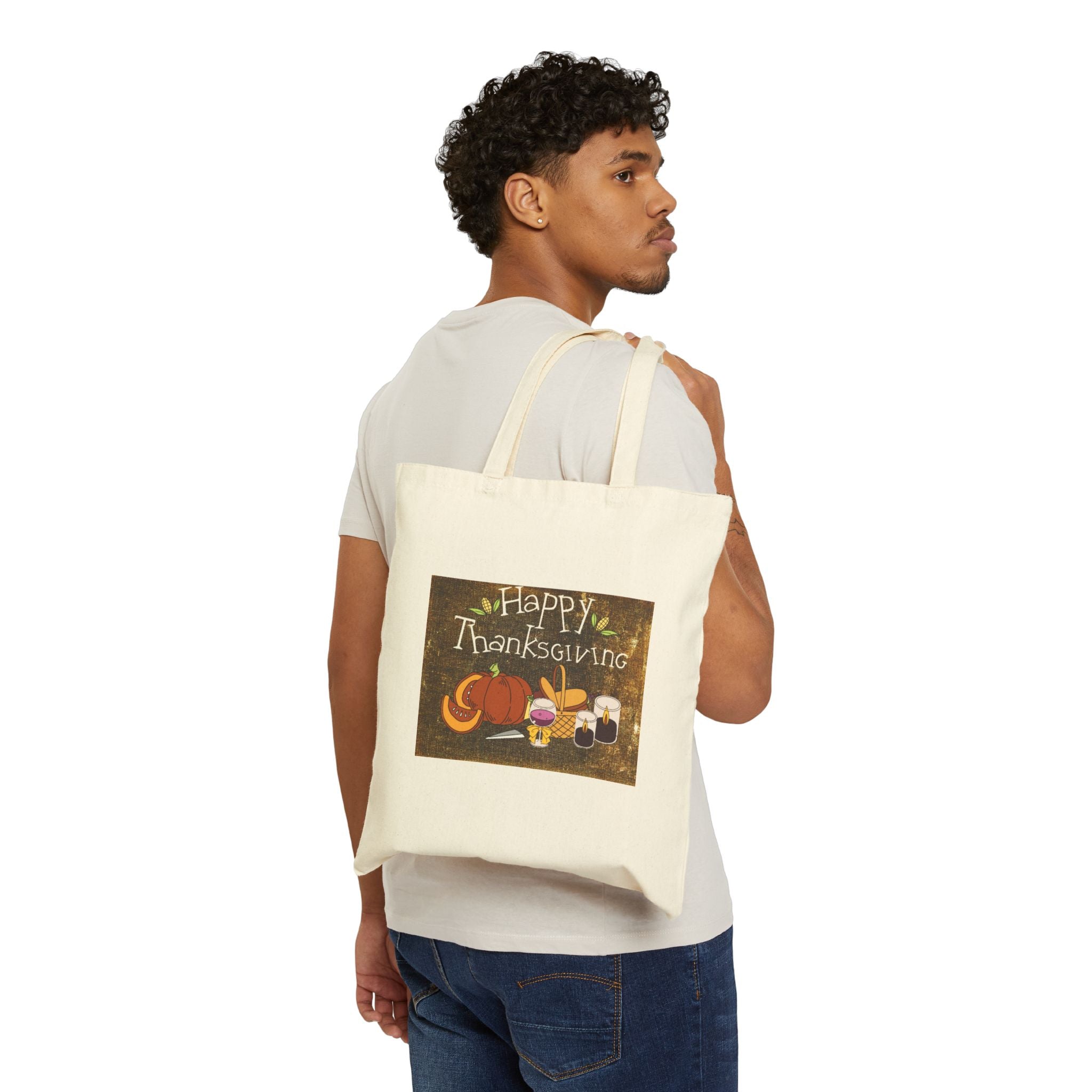 Thanksgiving Harvest Tote Bag - "Happy Thanksgiving" Pumpkin & Pie Cotton Canvas Shopper