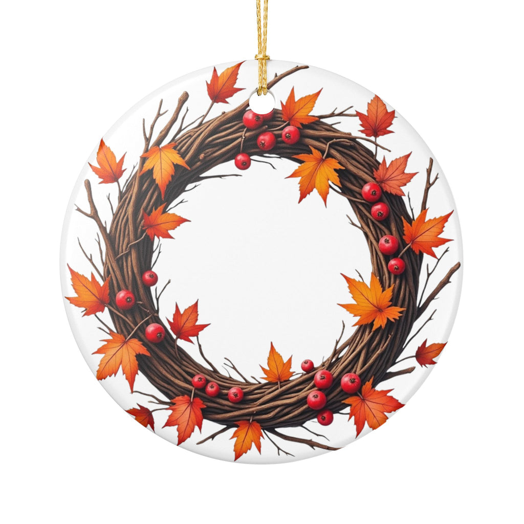 Autumn Maple Wreath Ceramic Ornament — Fall Leaves & Berries Holiday Decoration