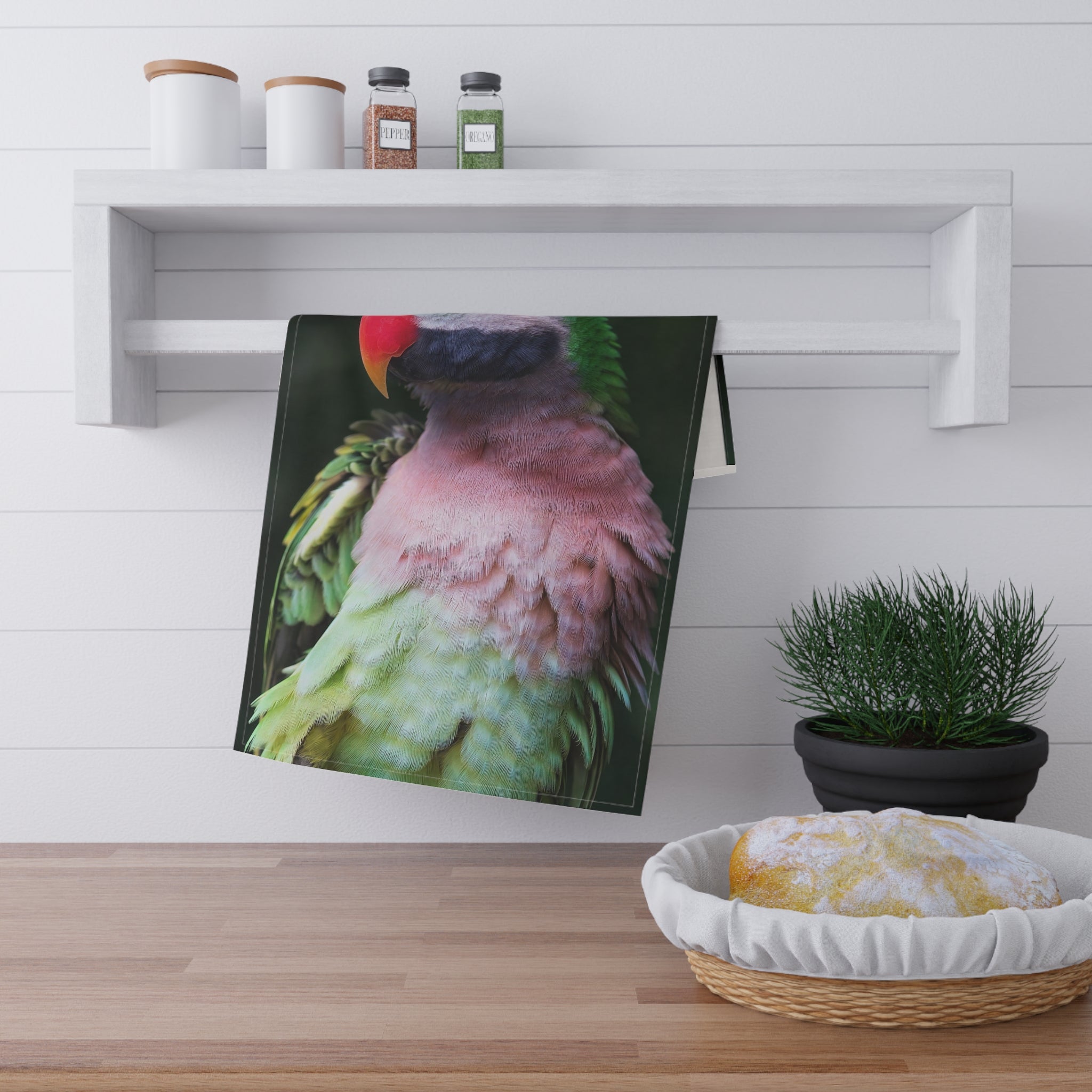 Parrot Kitchen Tea Towel — Pink Green Lorikeet Print Cotton Dish Towel